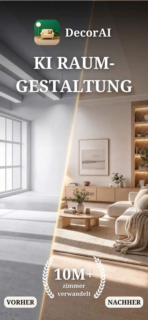 App-Store-Screenshot: Startbildschirm von DecorAI mit den Werkzeugen zur KI-Raumgestaltung