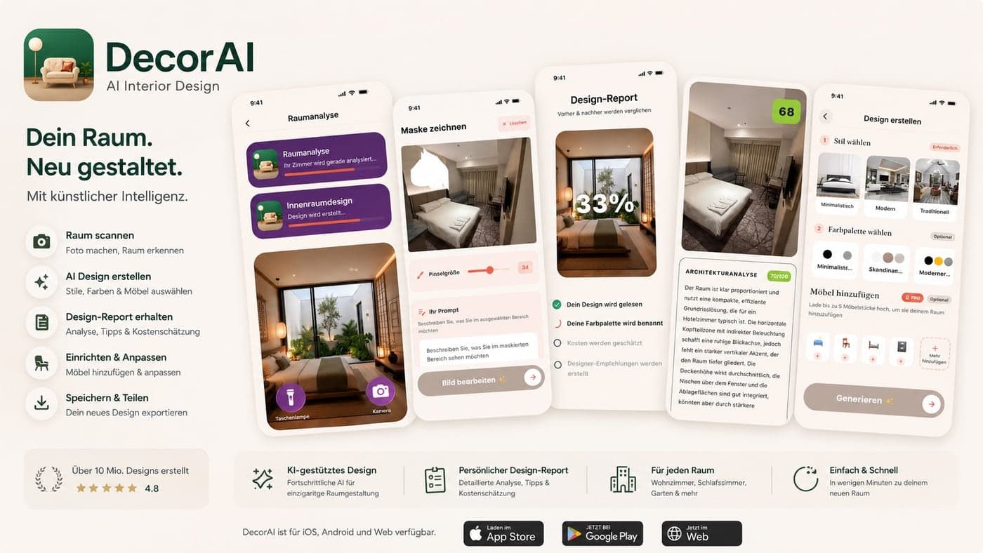 DecorAI – Dein Raum. Neu gestaltet. Übersicht der App mit Raumanalyse, Maske zeichnen, Design-Report und Stilauswahl, verfügbar für iOS, Android und Web