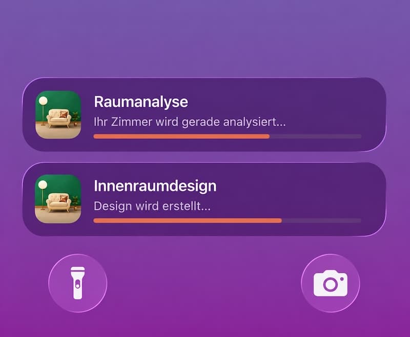 Live-Aktivitäten auf dem iPhone-Sperrbildschirm: zwei laufende Fortschrittsbalken für Raumanalyse und Innenraumdesign