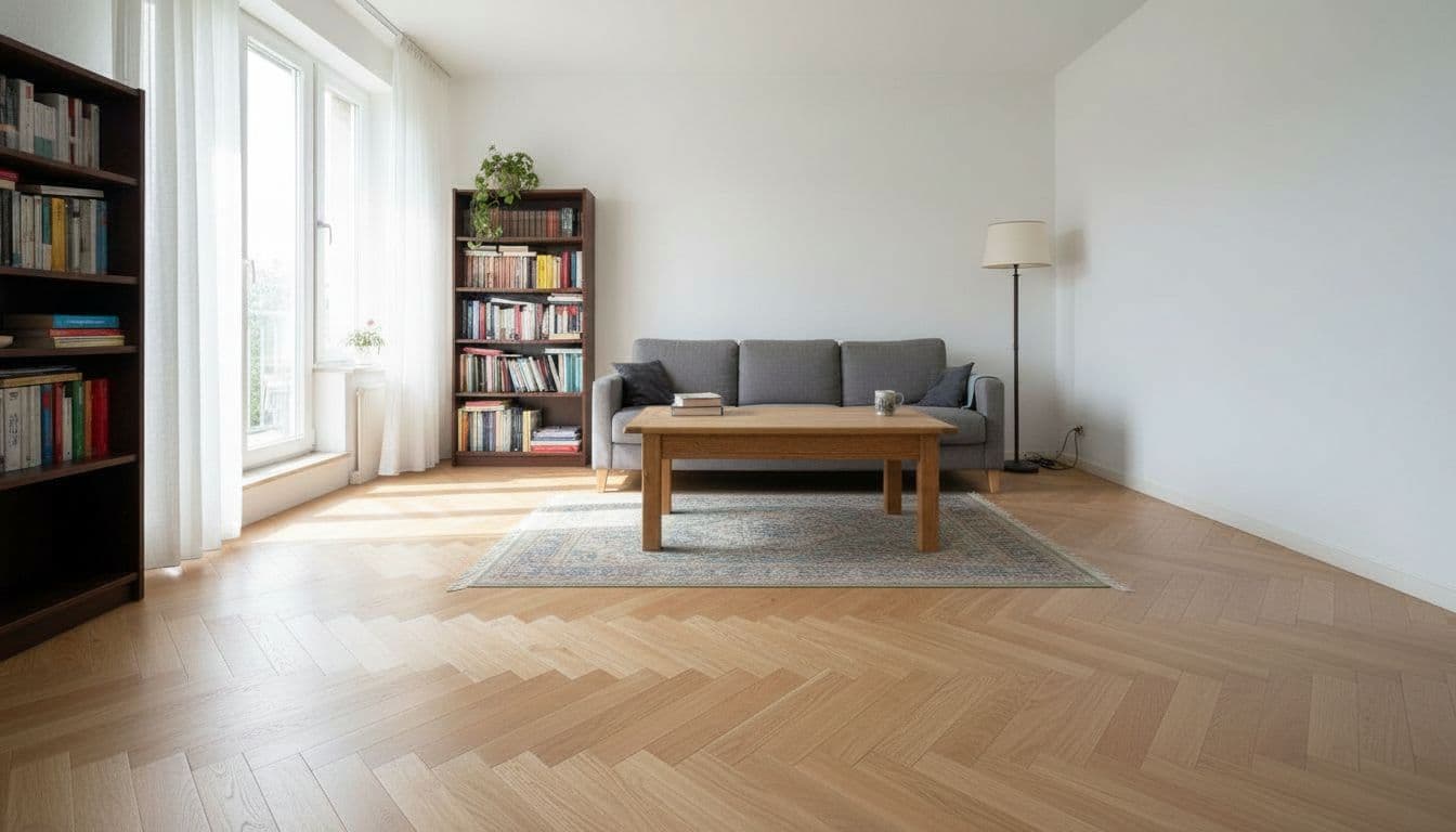 Wohnzimmer mit ausgetauschtem Bodenbelag vor und nach der KI-Visualisierung – nachher