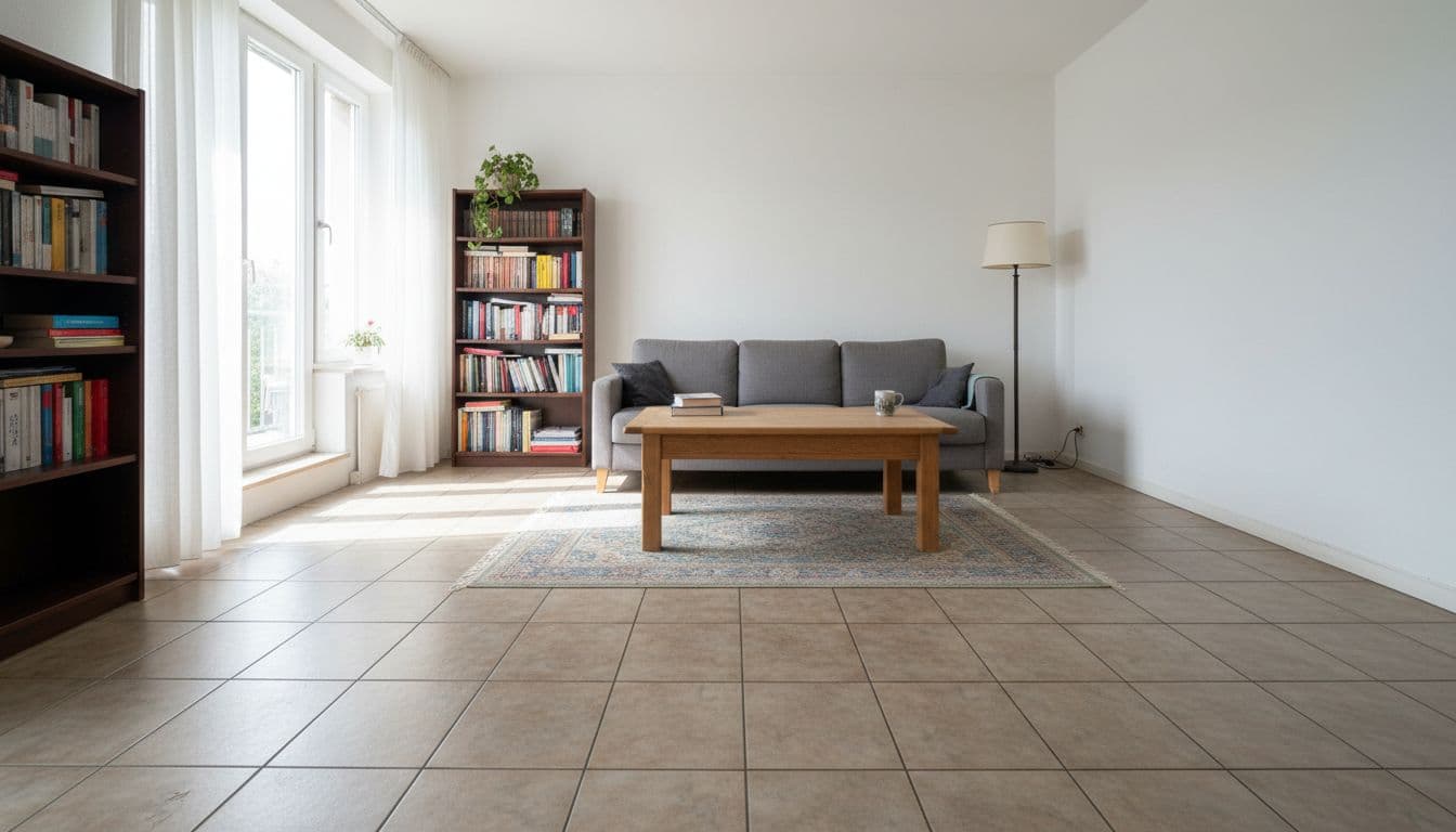 Wohnzimmer mit ausgetauschtem Bodenbelag vor und nach der KI-Visualisierung – vorher