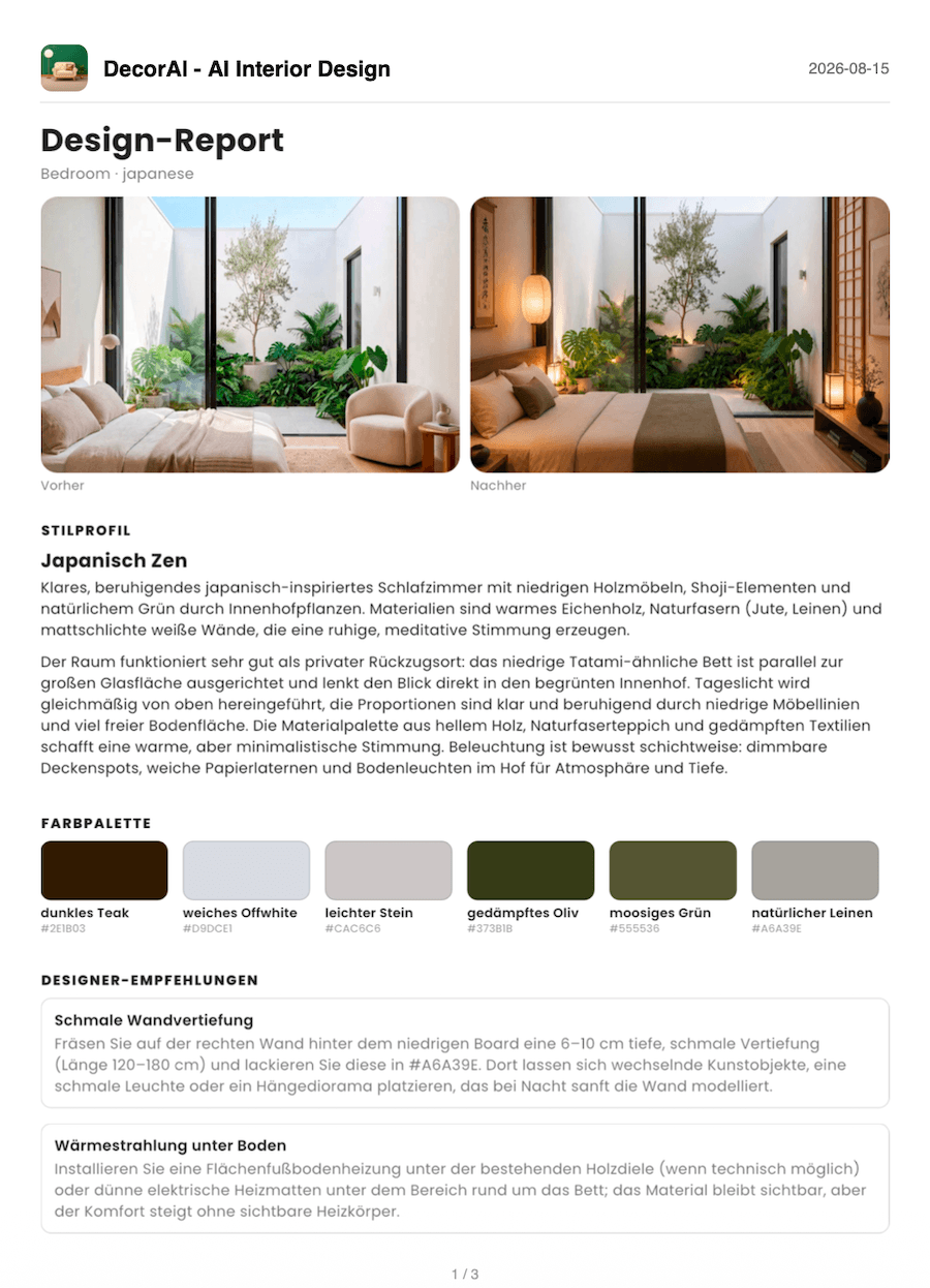 Als PDF exportierter Design-Report mit Vorher-Nachher-Bildern, Stilprofil, Farbpalette mit Hex-Werten und Designer-Empfehlungen