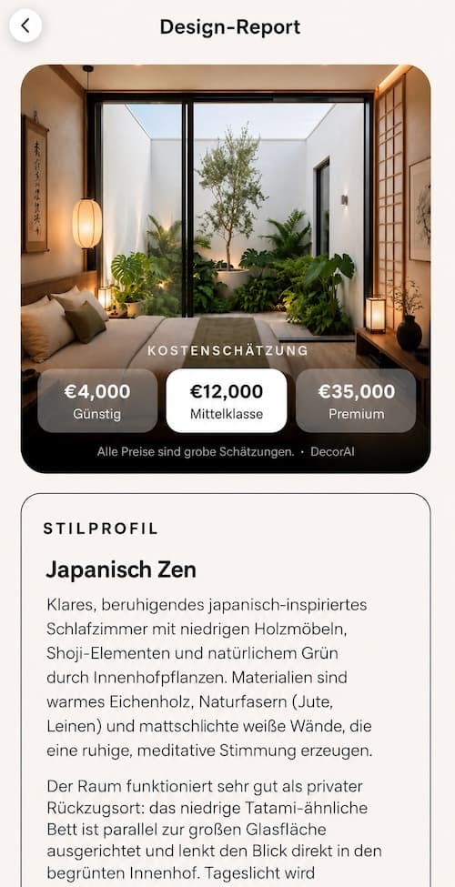 Design-Report in der App: Kostenschätzung in drei Stufen über dem Raumbild, darunter das Stilprofil Japanisch Zen