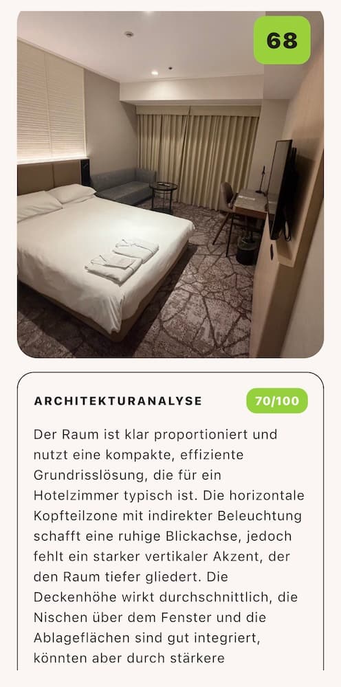 KI-Raumanalyse in der App: Gesamtbewertung 68 von 100 und Architekturanalyse mit 70 von 100 Punkten samt schriftlicher Kritik