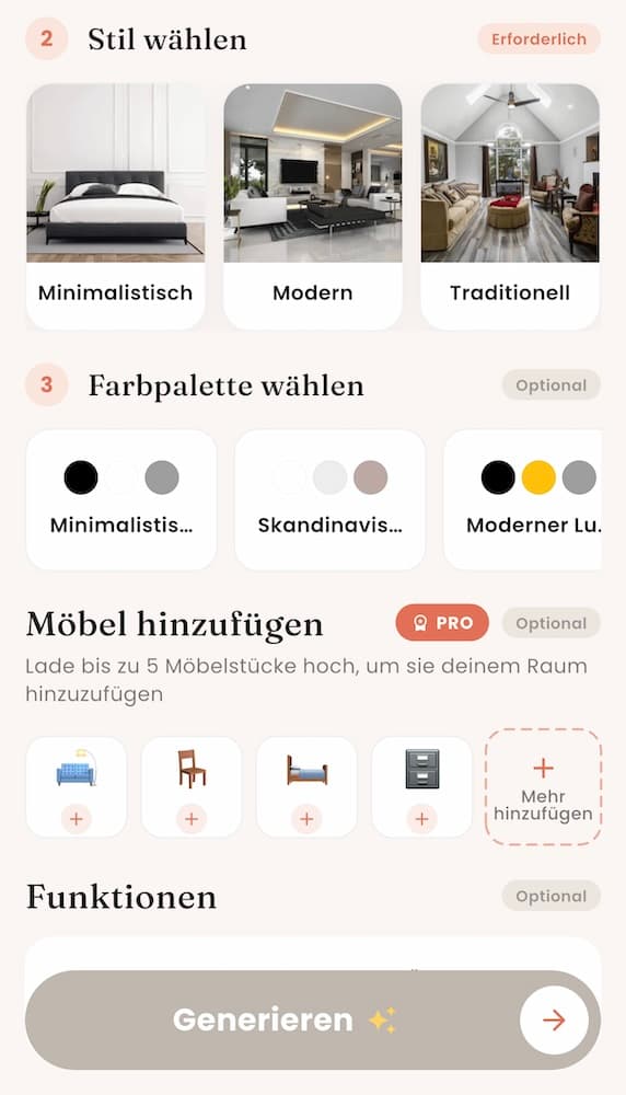Einstellungen im Innendesigner: Stil wählen zwischen Minimalistisch, Modern und Traditionell, darunter Farbpalette und das Feld für bis zu fünf eigene Möbelfotos