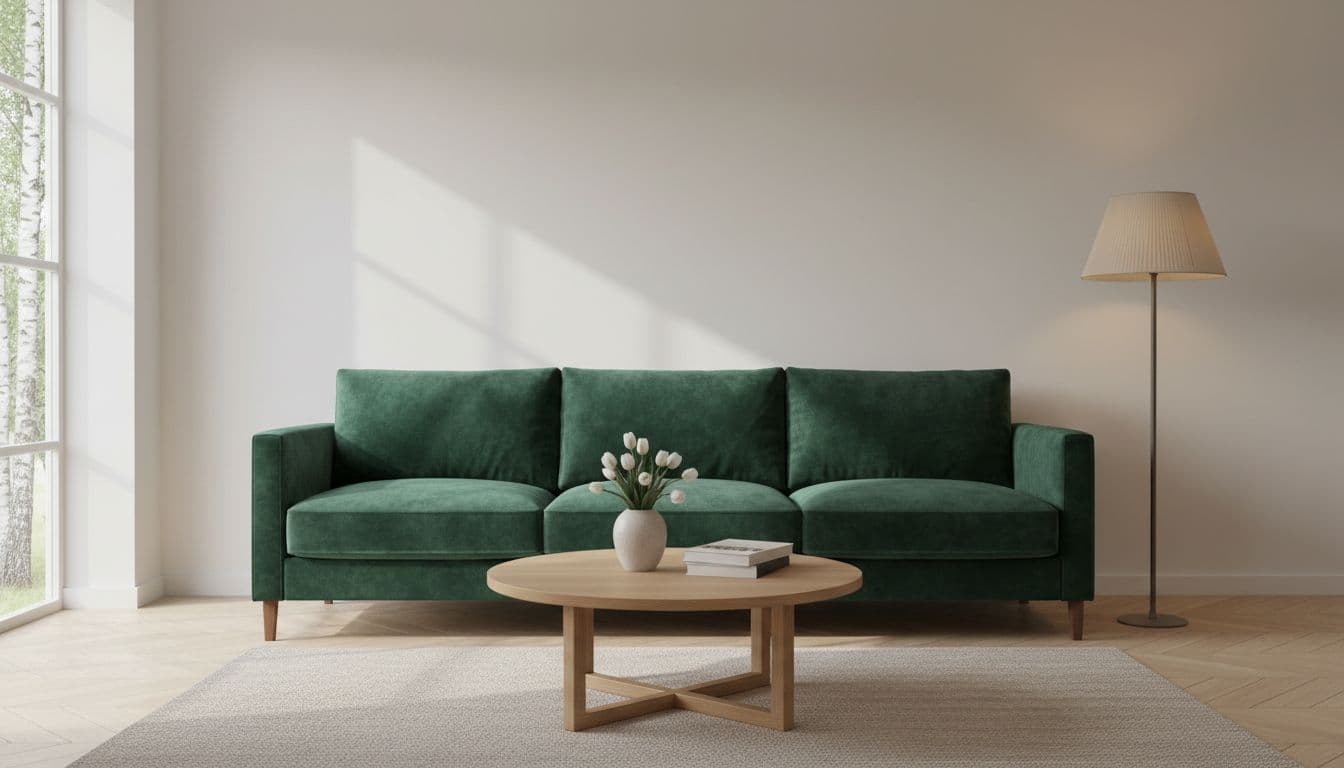 Wohnzimmer, in das per KI ein neues Sofa maßstabsgerecht eingesetzt wurde