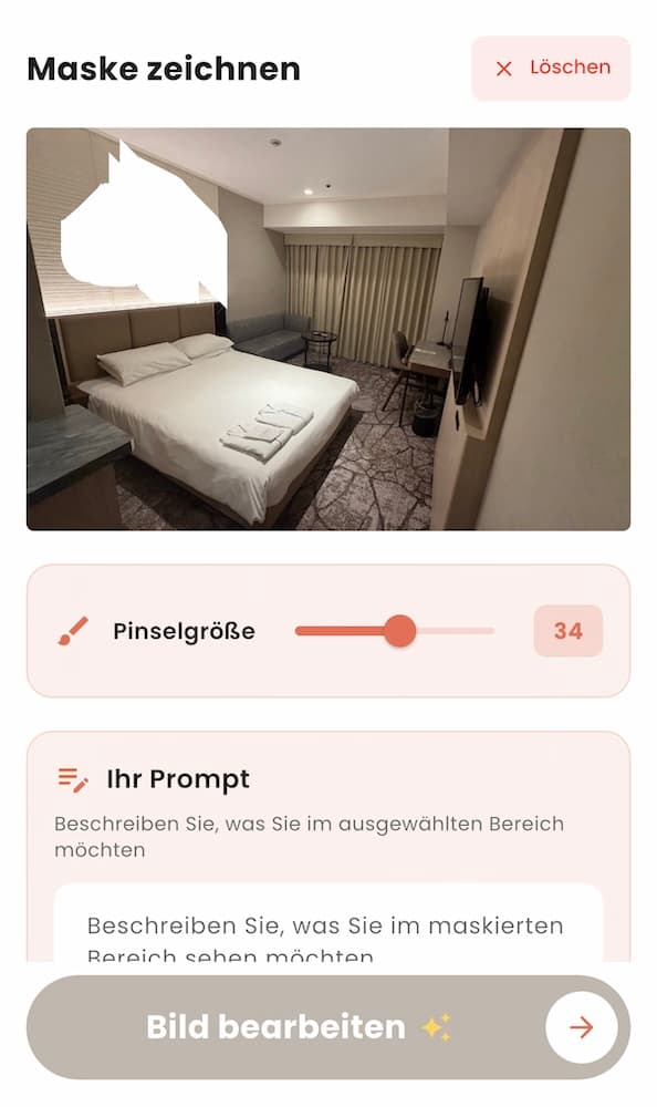 Inpainting-Editor in der App: weiß markierte Maske über dem Fensterbereich, Regler für die Pinselgröße und Eingabefeld für die gewünschte Änderung