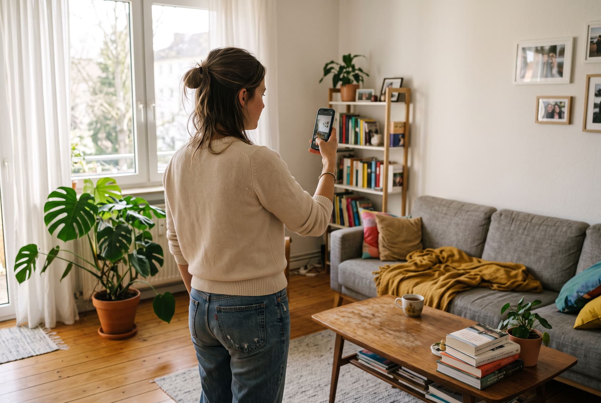 Frau fotografiert ihr Wohnzimmer mit dem Smartphone für den KI Raumplaner