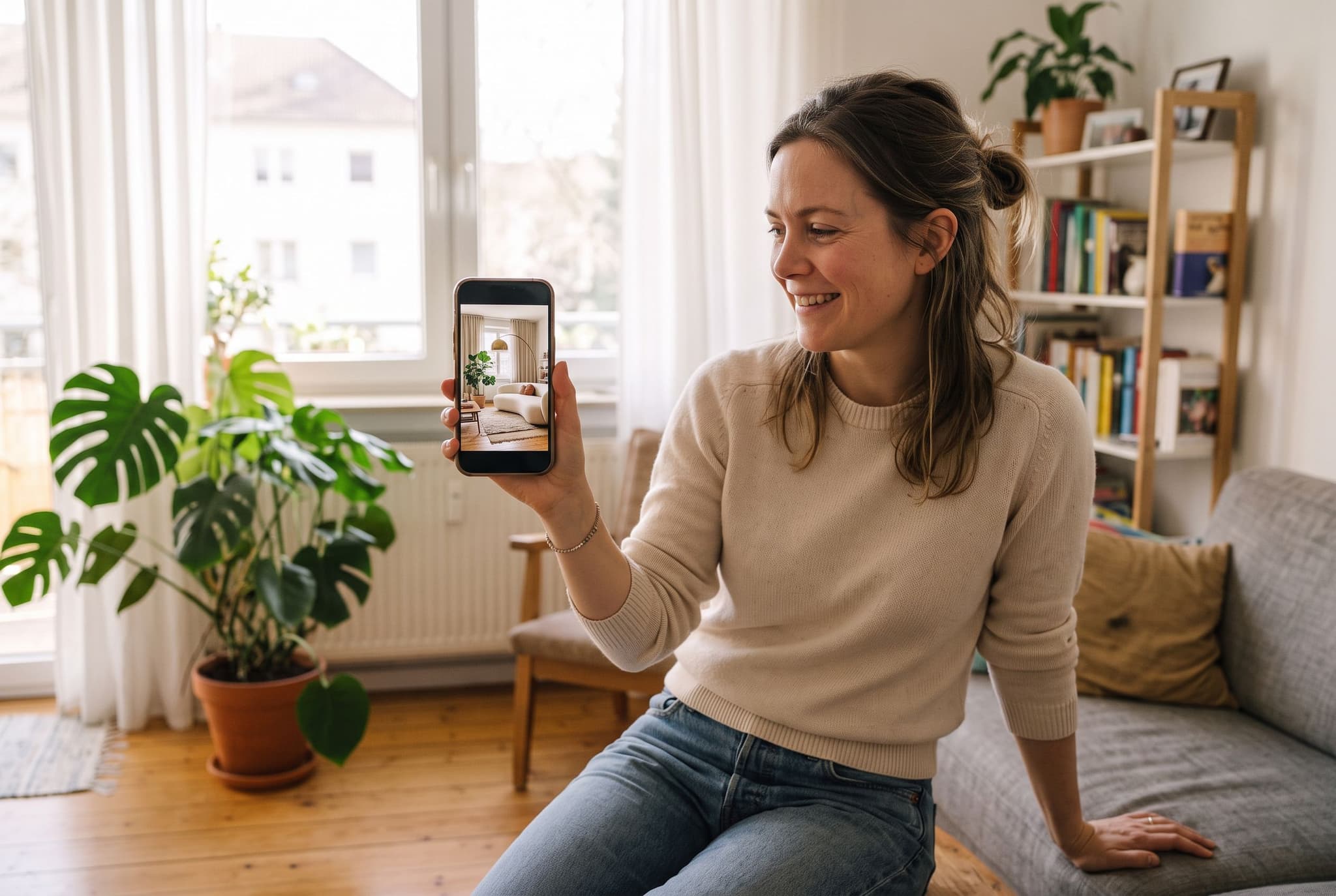 Frau betrachtet ihr von der KI neu gestaltetes Wohnzimmer auf dem Smartphone