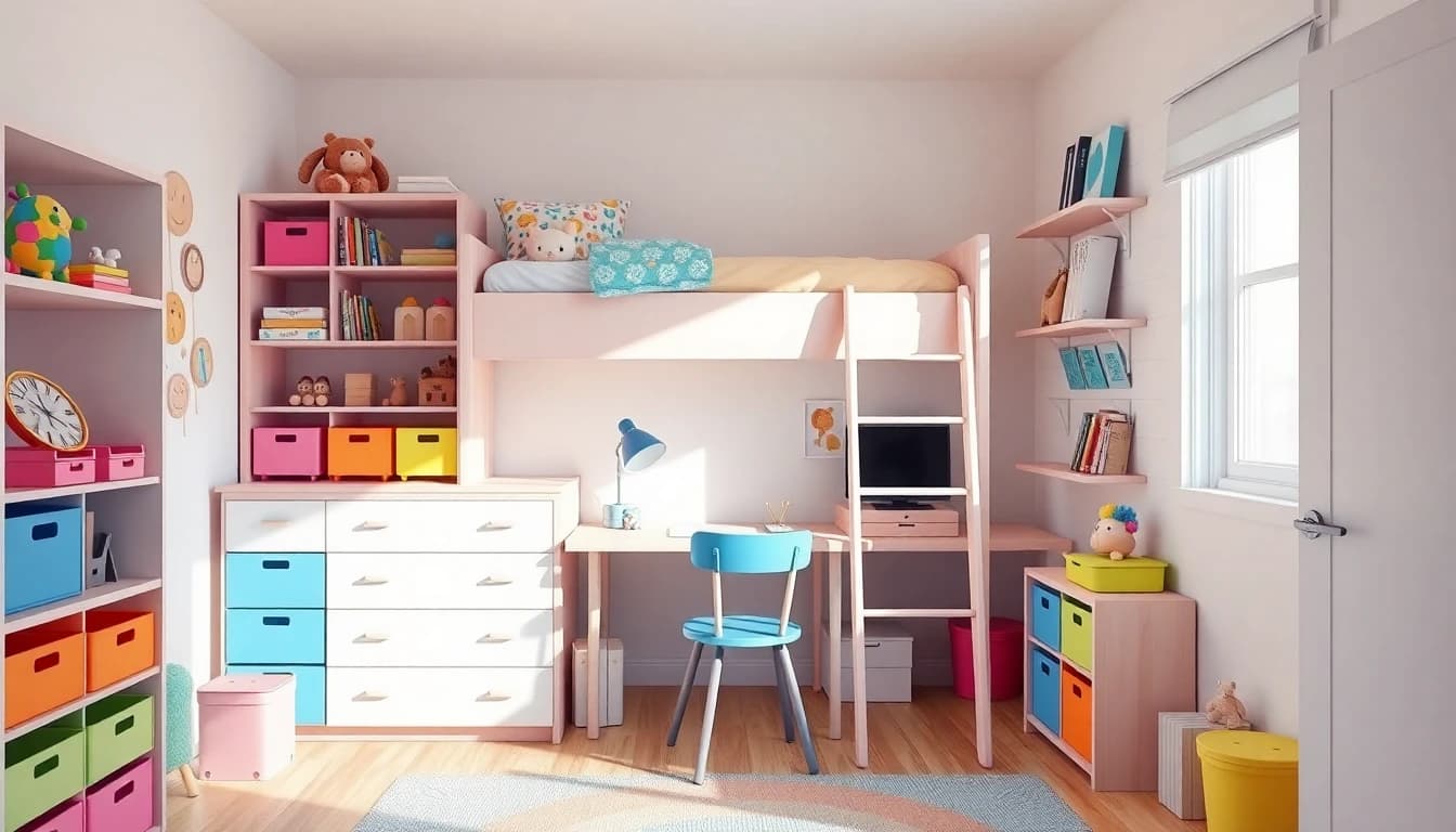 Kleines Kinderzimmer einrichten - Hochbett mit Schreibtisch und buntem Stauraum