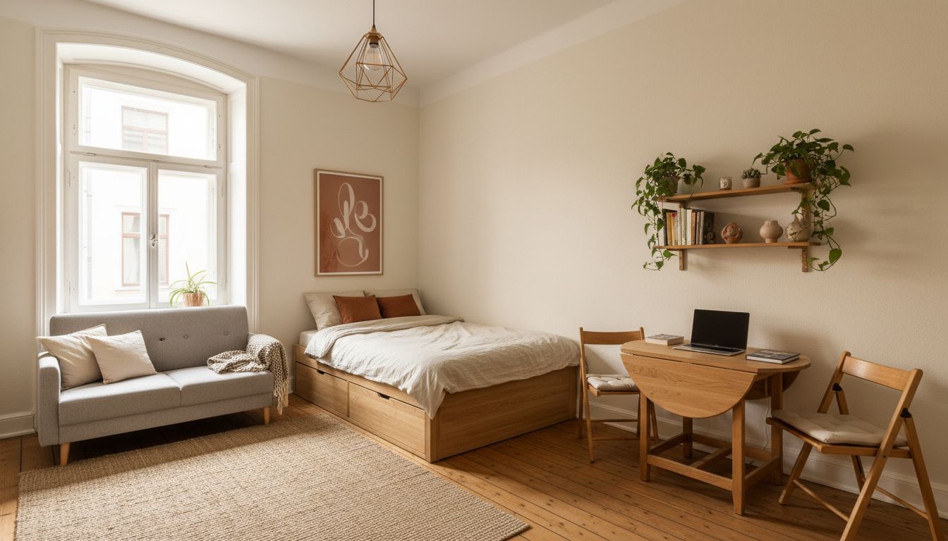 1-Zimmer-Wohnung auf 20 bis 25 Quadratmetern eingerichtet mit Zonierung durch Regal, Bett mit Stauraum und kompaktem Sitzbereich