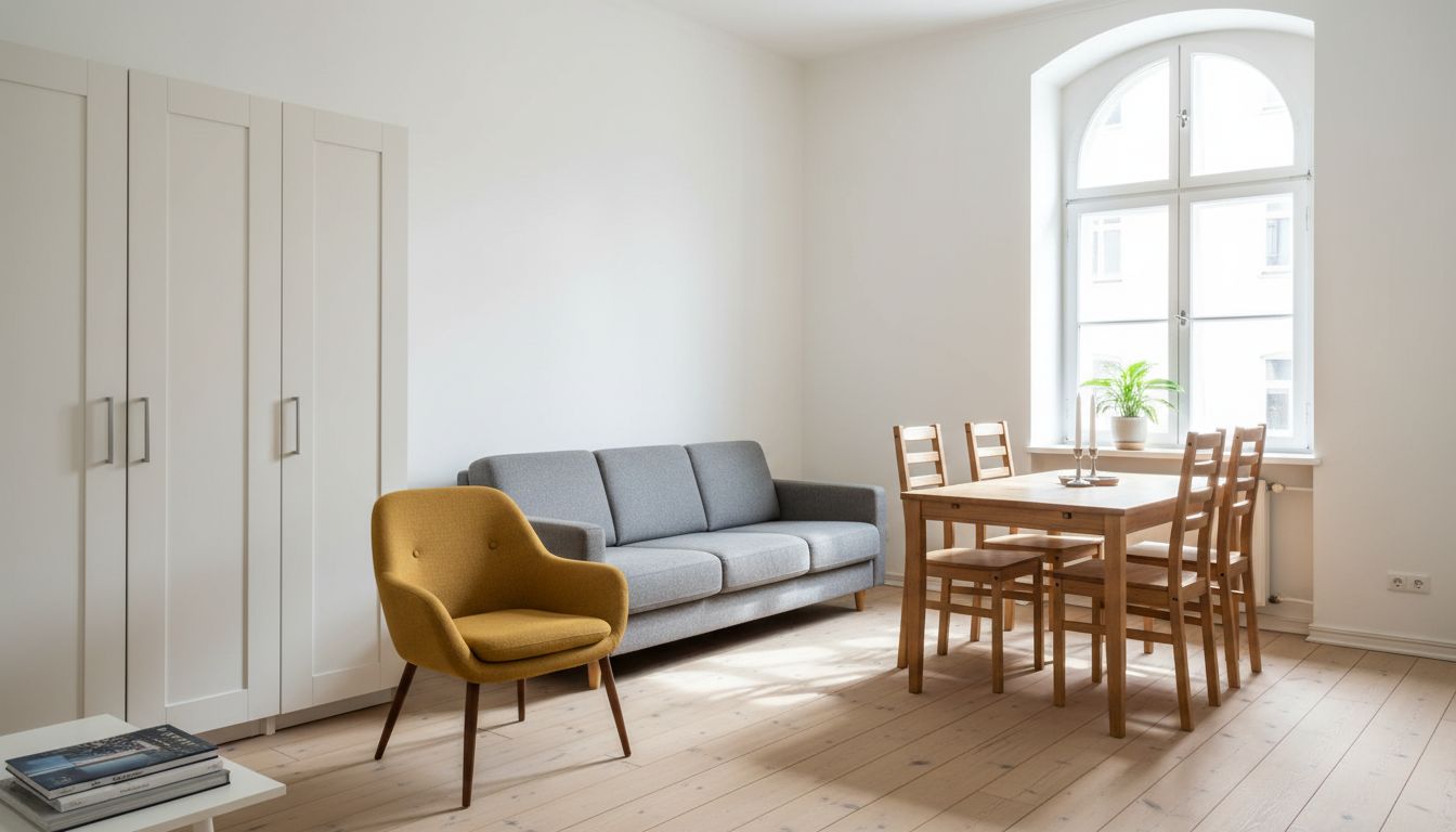 25 Quadratmeter Einzimmerwohnung mit Kleiderschrank, Sofa mit Sessel und festem Esstisch für vier Personen