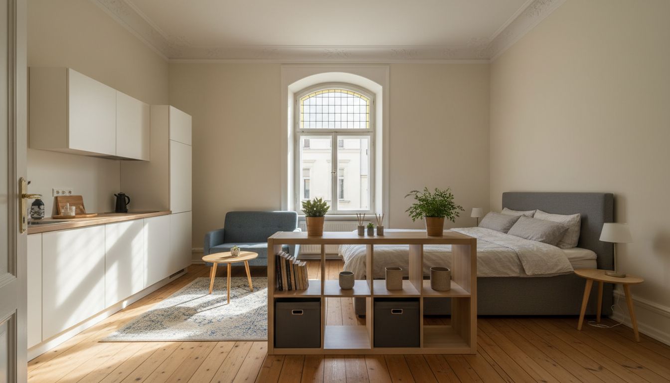 Zonierung in einer 20 Quadratmeter Einzimmerwohnung mit Bett, Sofa und Ess-Arbeitstisch getrennt durch ein niedriges Regal