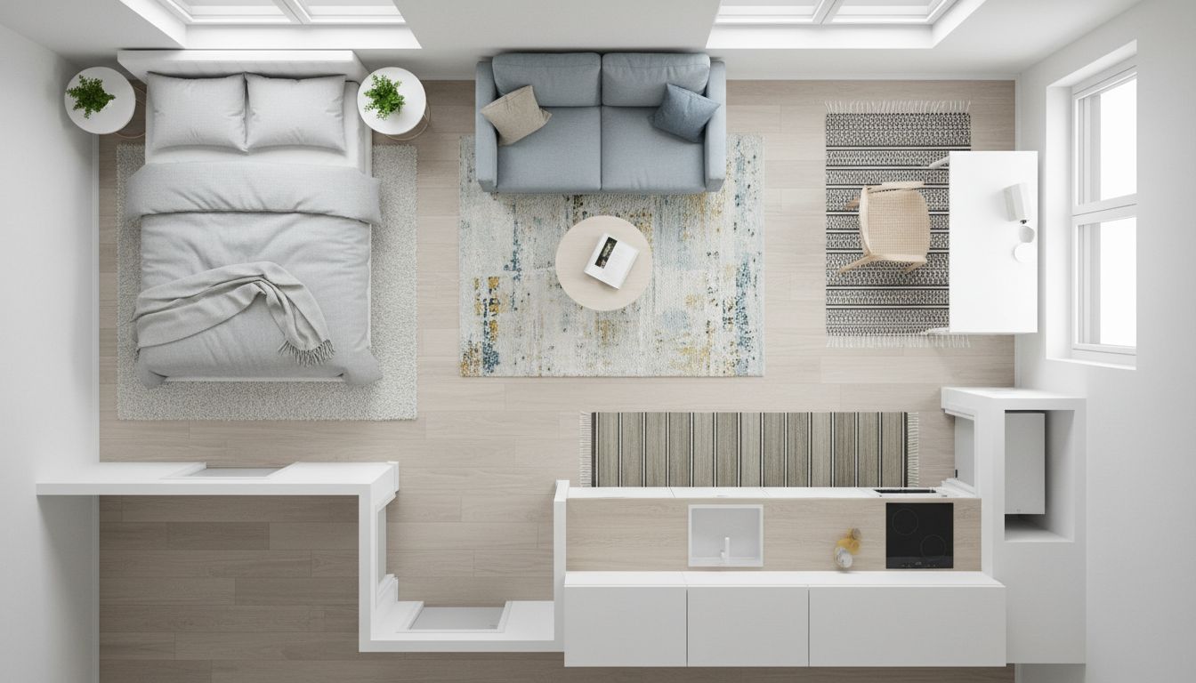 Komplett eingerichtete 1-Zimmer-Wohnung mit allen Bereichen: Schlafbereich, Wohnecke, Arbeitsplatz und Küche