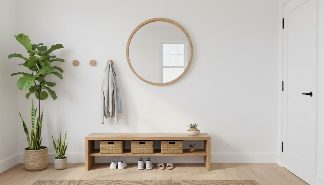 Kompakter Eingangsbereich einer 1-Zimmer-Wohnung mit Spiegel, Hakenleiste und Schuhbank