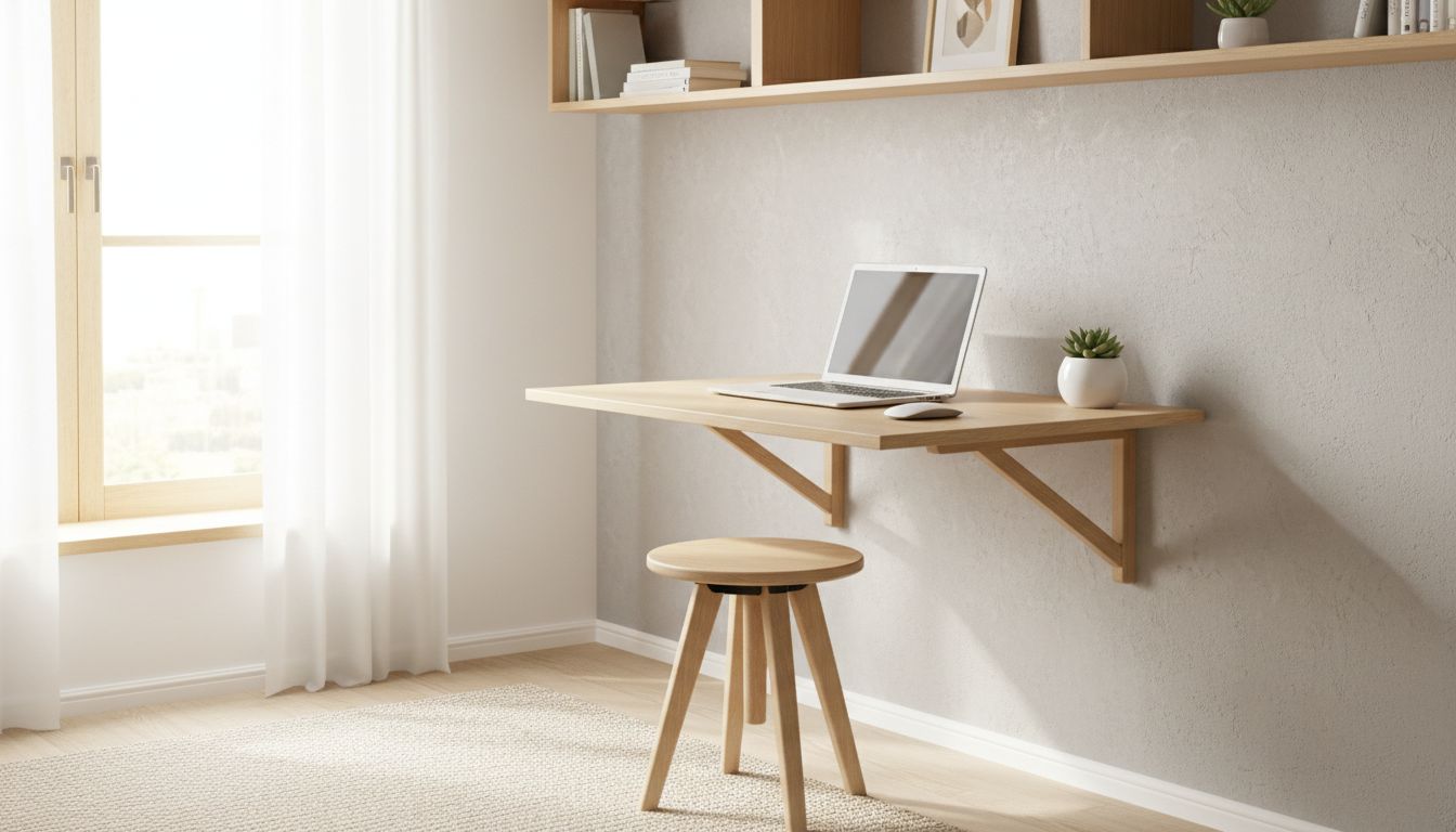 Kleine Wohnung mit Klapptisch an der Wand und multifunktionalen Möbeln für maximale Flexibilität