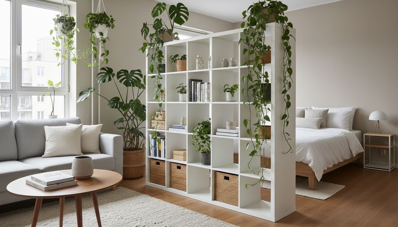 1-Zimmer-Wohnung mit offenem Regal als Raumteiler und Pflanzen als natürliche Trennelemente