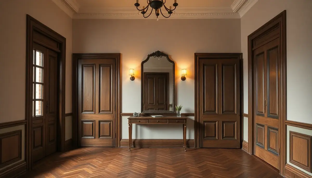 Altbau-Flur mit hohen Decken, alten Holztüren, schmaler Konsole, großem Spiegel und warmem Licht