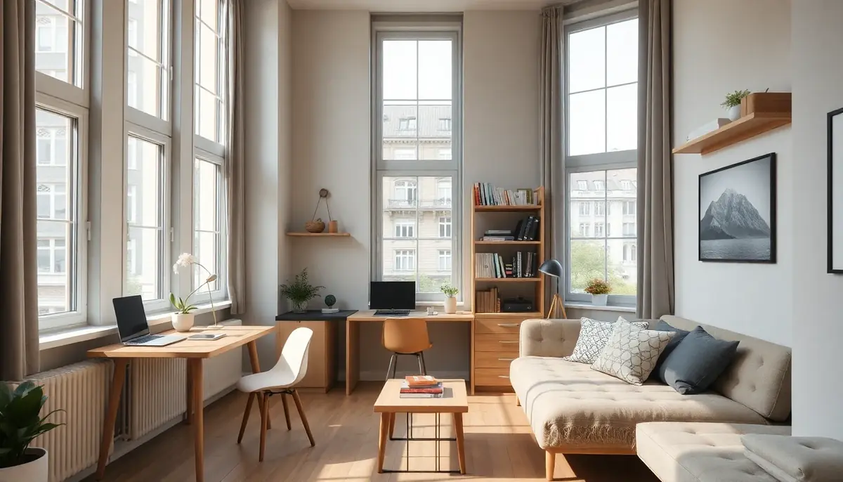 Kleine Altbauwohnung mit Wohn- und Home-Office-Zone, hohen Fenstern, hellem Holz und multifunktionalen Möbeln