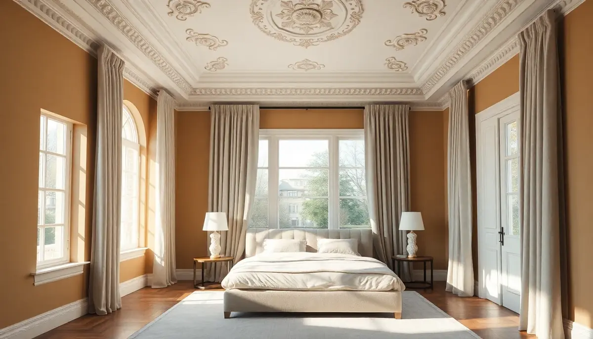 Altbau-Schlafzimmer mit hoher Decke, Stuck, Leinenvorhängen, warmen Wandfarben und ruhiger moderner Möblierung