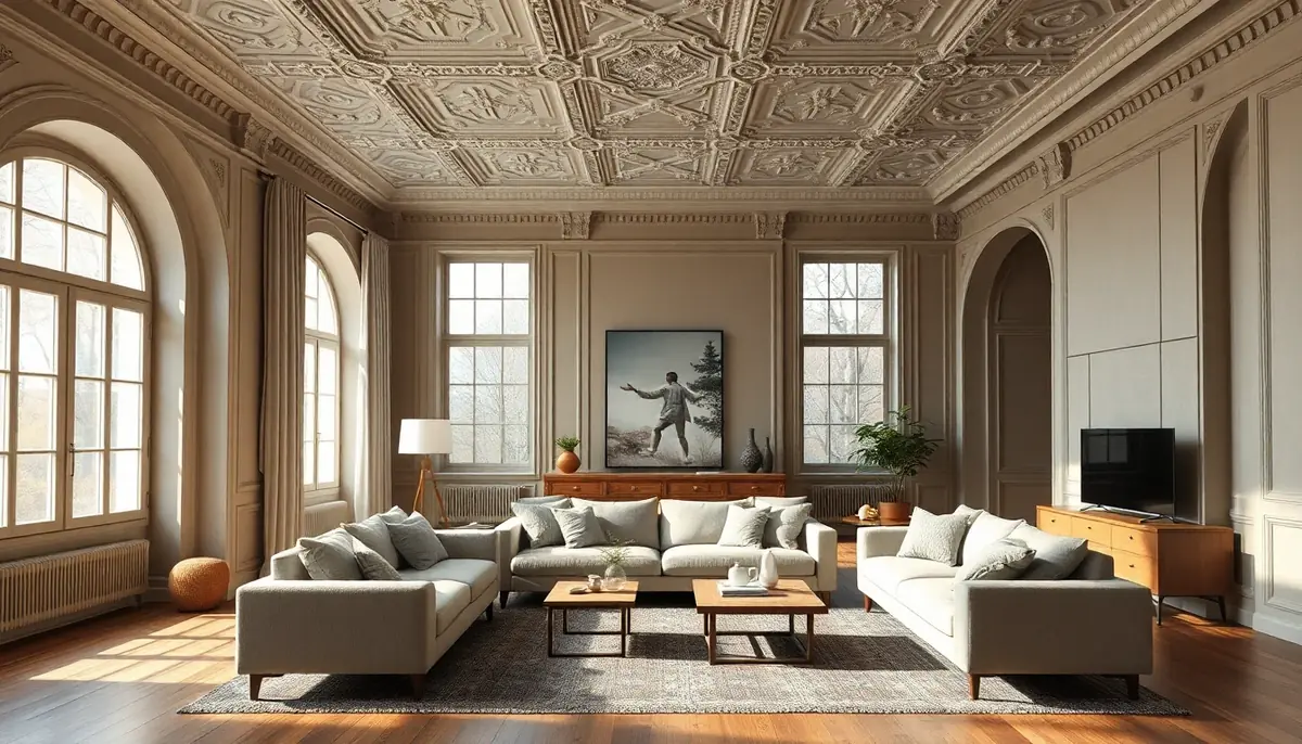 Altbau-Wohnzimmer mit Stuckdecke, hohen Fenstern, ruhiger Sofa-Anordnung und warmen Naturmaterialien