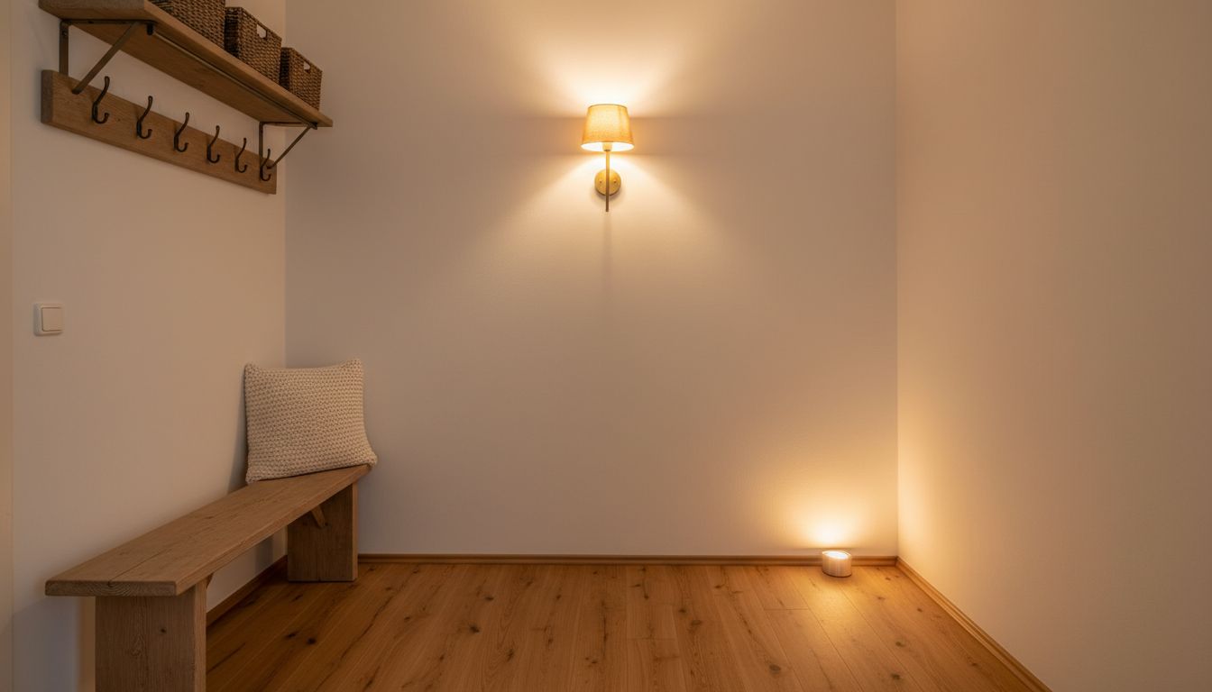 Flur mit Sitzbank, Wandleuchte und Orientierungslicht in Bodennähe, Boden ohne Läufer