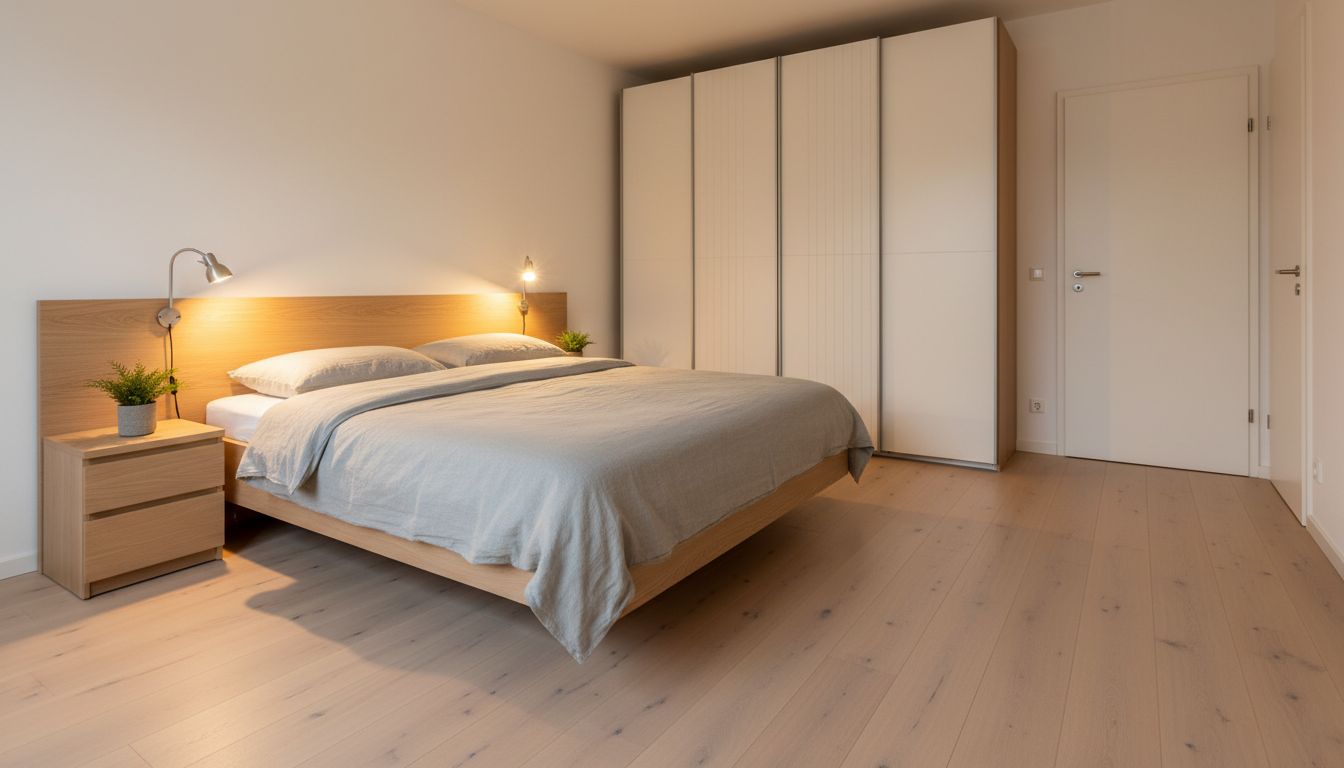 Schlafzimmer für Senioren mit Bett auf angenehmer Höhe, Nachttischlampen in Reichweite und freiem Weg zur Tür