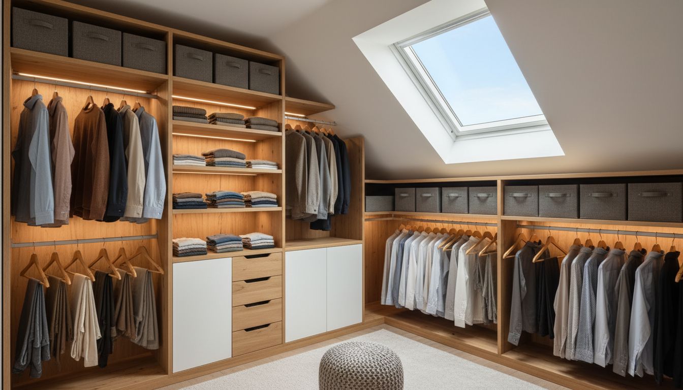 Ankleidezimmer unter einer Dachschräge mit maßgefertigten Regalen und Kleiderstangen im niedrigen Bereich