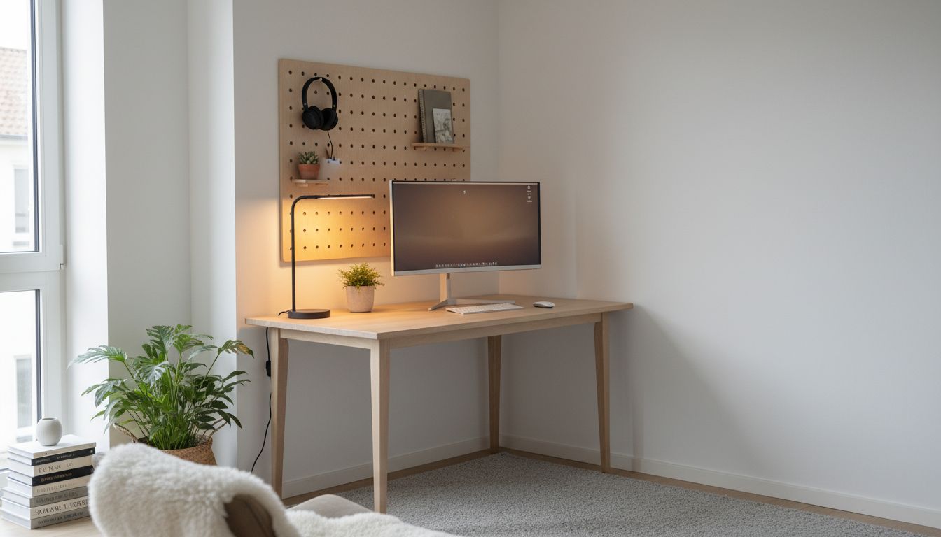 Kompakter Arbeitsplatz in einer Wohnungsecke mit Schreibtisch, Wandorganizer und Pflanzen