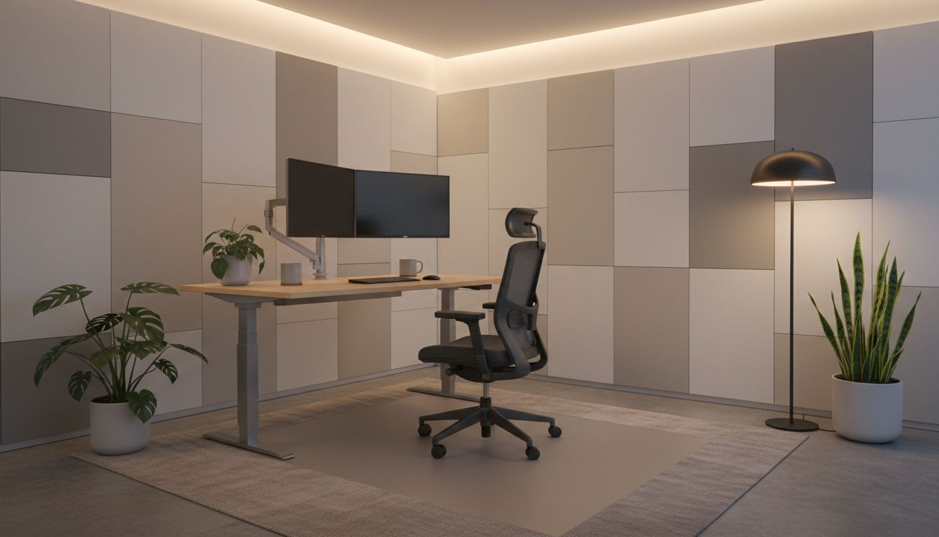 Ergonomisch eingerichteter Arbeitsplatz mit höhenverstellbarem Schreibtisch, Bürostuhl und Monitoren auf Augenhöhe