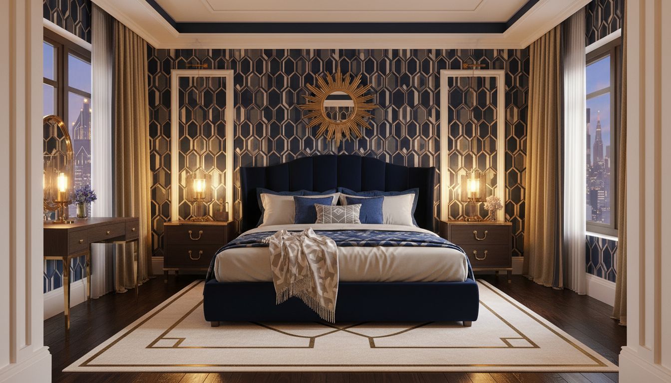 Art-Deco-Schlafzimmer mit marineblauem Samtkopfteil, Messingdetails und symmetrischen Nachttischen