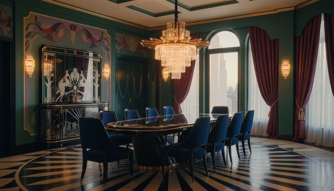 Art-Deco-Esszimmer mit dunklem Lackholztisch, goldenem Kronleuchter und geometrischem Bodenmuster