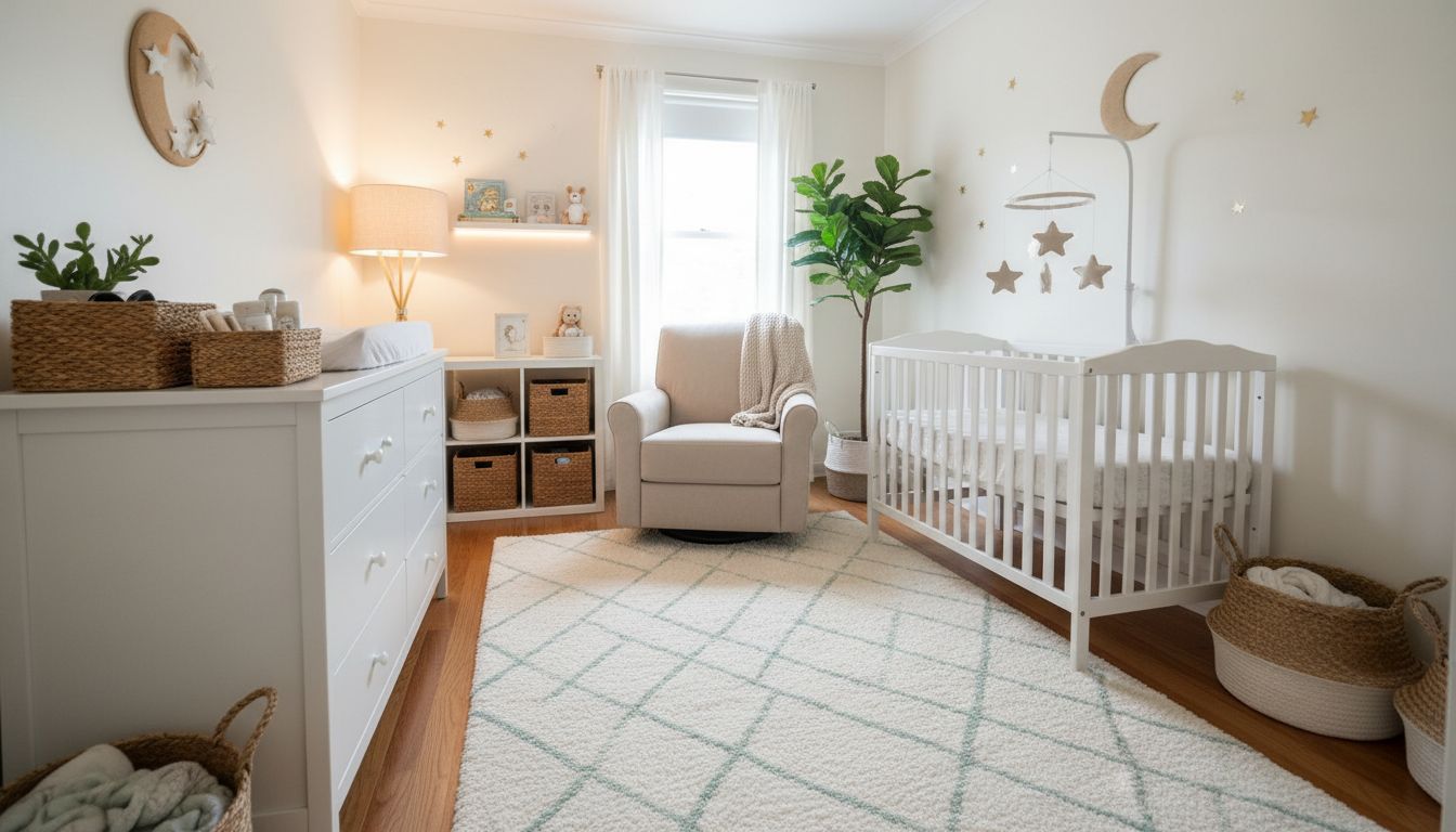 Komplett eingerichtetes Babyzimmer mit allen wichtigen Elementen: Bett, Wickelkommode, Sessel und stimmungsvoller Dekoration