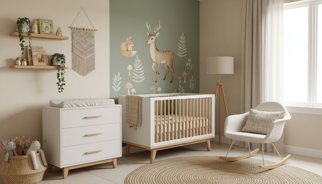 Modernes Babyzimmer mit neutraler Wandgestaltung in Beige und weichen Grüntönen mit Tiermotiven