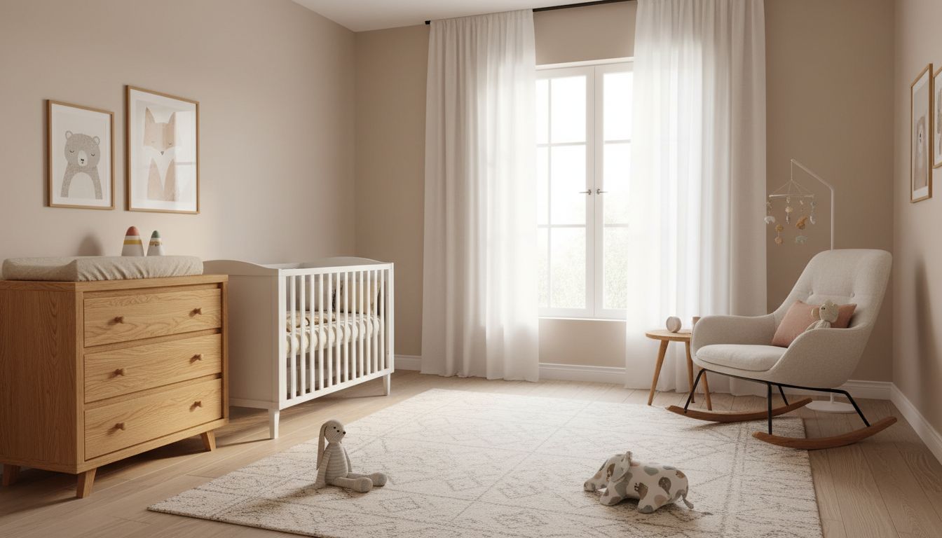 Helles skandinavisches Babyzimmer mit weißem Gitterbett, Naturholzmöbeln und sanften Pastellfarben