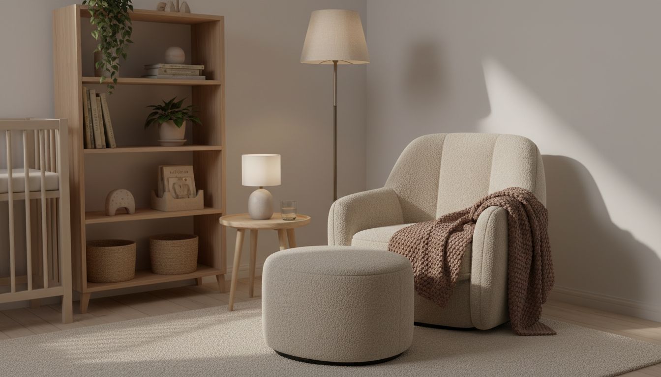 Gemütliche Stillecke mit bequemem Sessel, Fußhocker und sanfter Beleuchtung im Babyzimmer