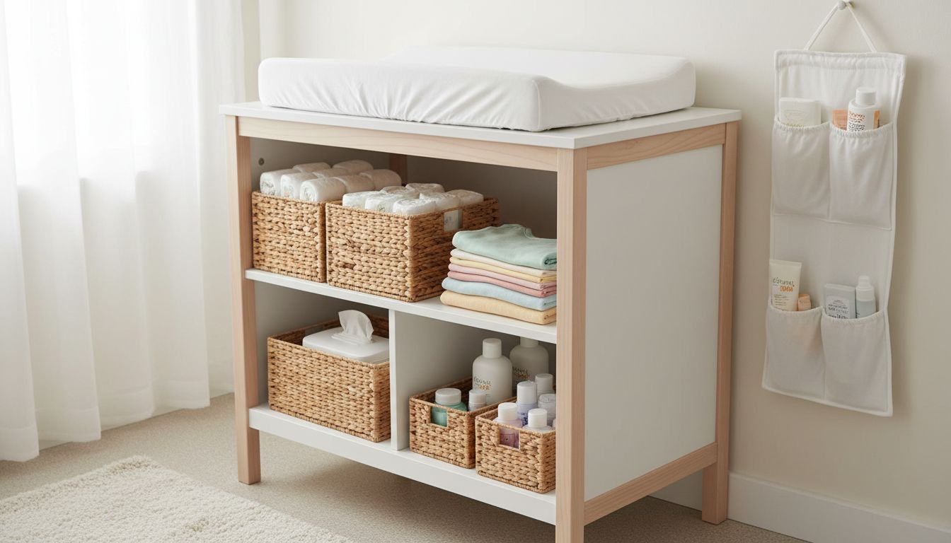 Gut organisierte Wickelkommode mit praktischem Stauraum für Windeln, Cremes und Babykleidung