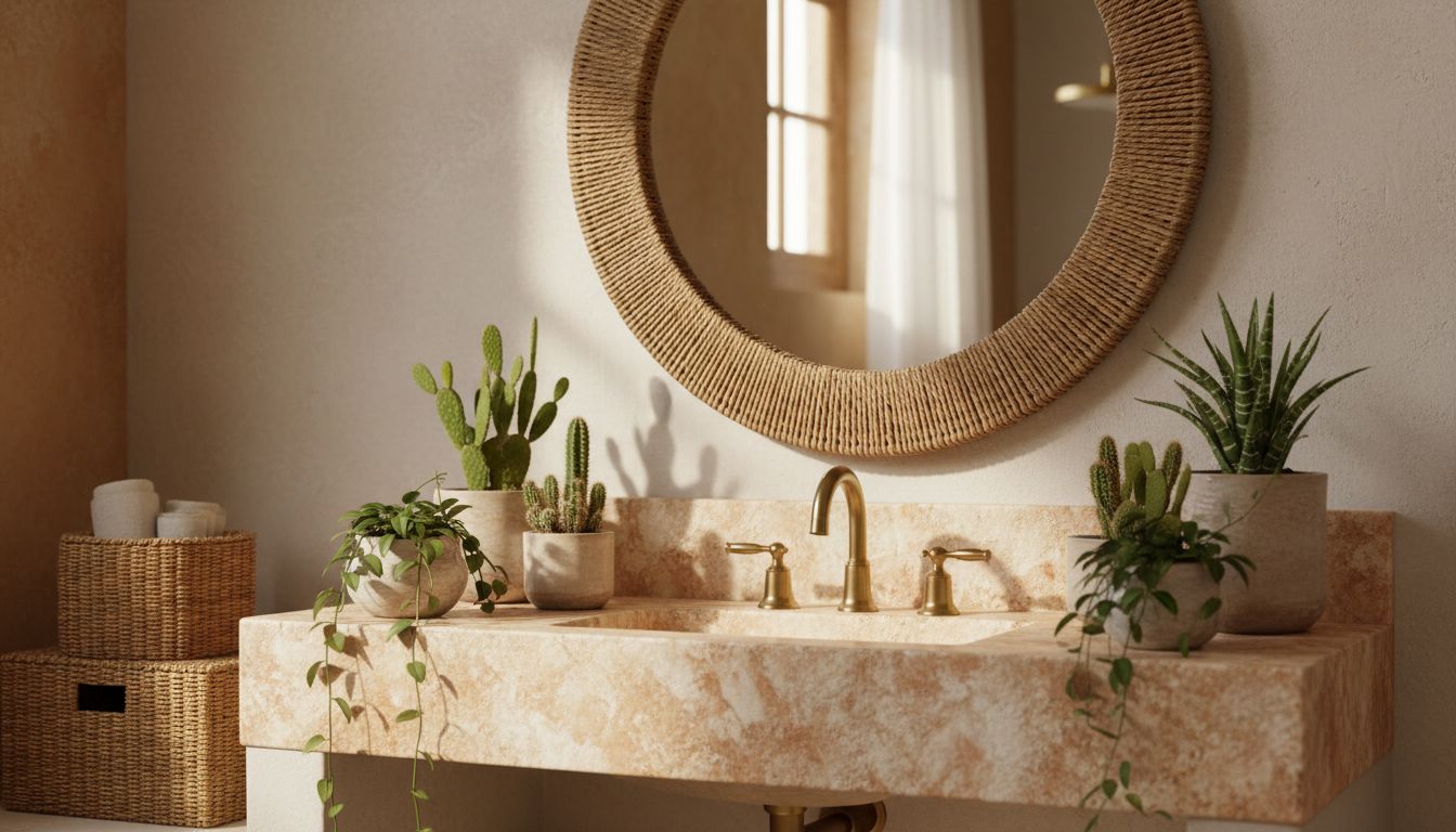 Boho-Badezimmer Waschtisch mit rundem Rattanspiegel, Messingarmatur und kleinen Grünpflanzen