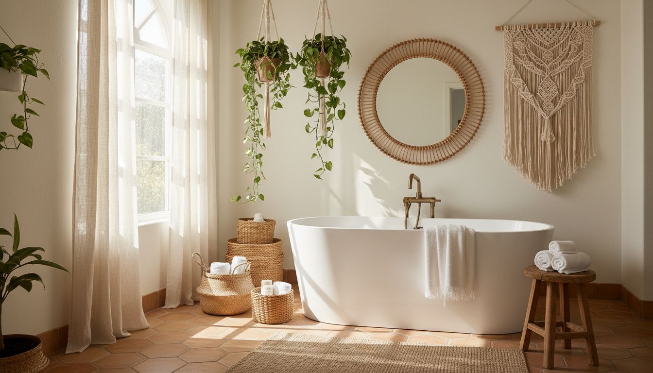 Boho-Badezimmer mit freistehender Badewanne, rundem Rattanspiegel, Makramee-Wandbehang und hängenden Pflanzen