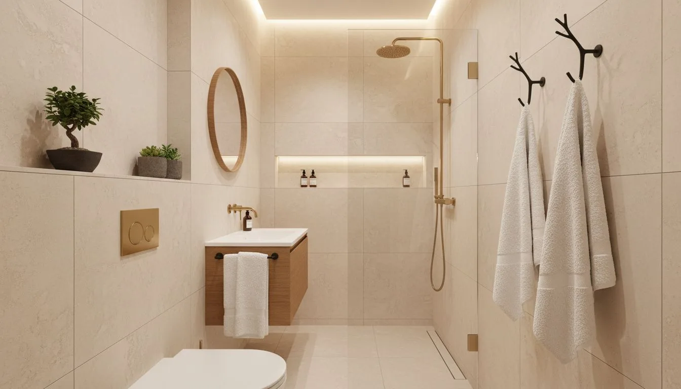 Schmales kleines Badezimmer mit Walk-in-Dusche, Glasabtrennung und heller Farbpalette