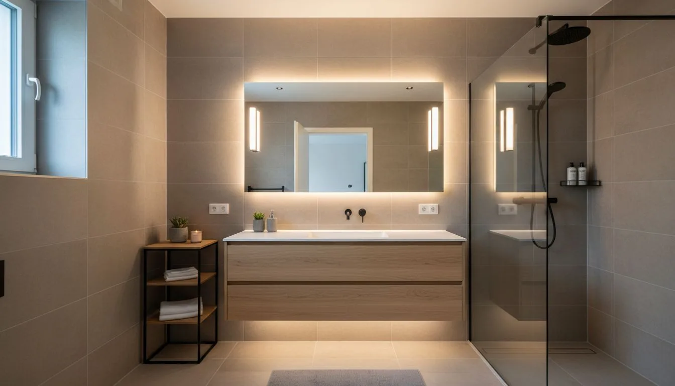 Kleines Badezimmer mit großem Spiegel, ruhiger Beleuchtung und schwebendem Waschtisch