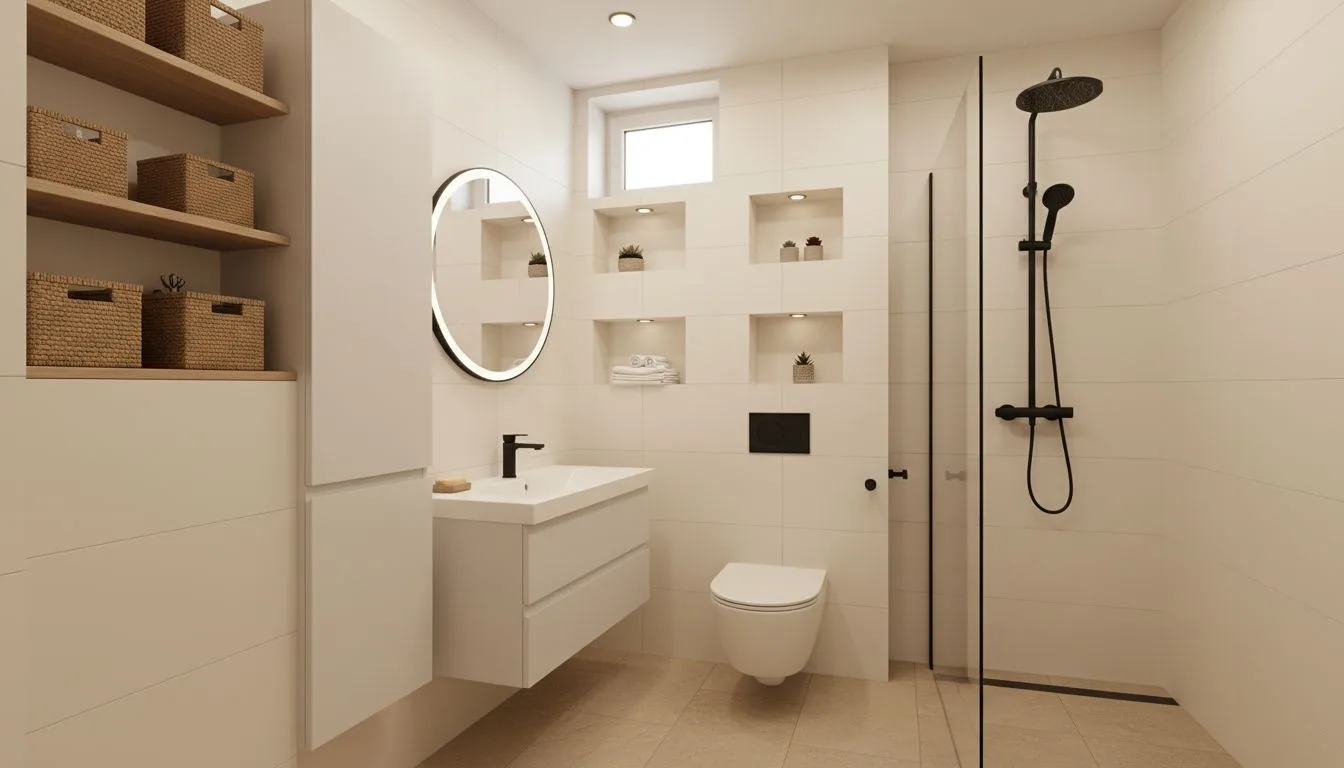 Kleines Bad mit vertikalem Stauraum, Wandnischen und heller Gestaltung