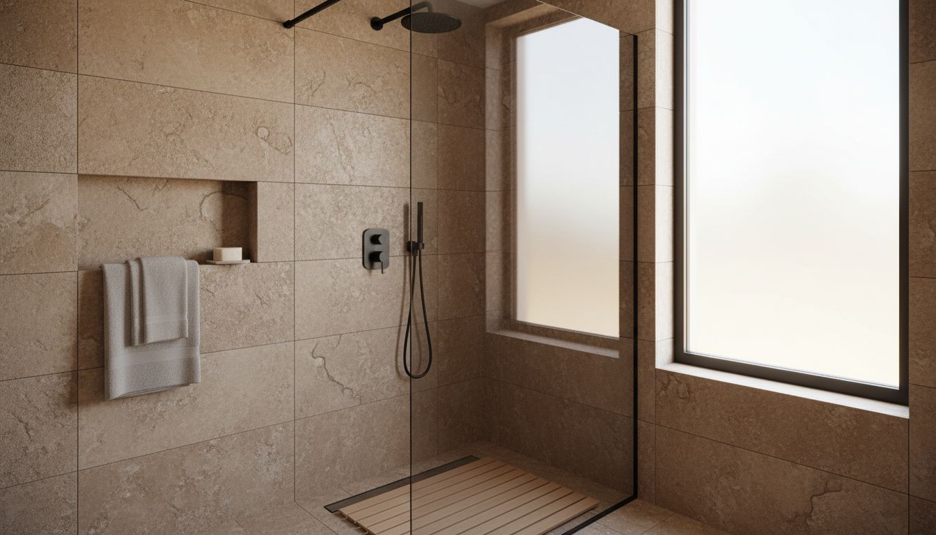 Dusche im Japandi-Bad mit Natursteinfliesen in warmem Taupe, mattschwarzem Duschsystem und Holzsteg