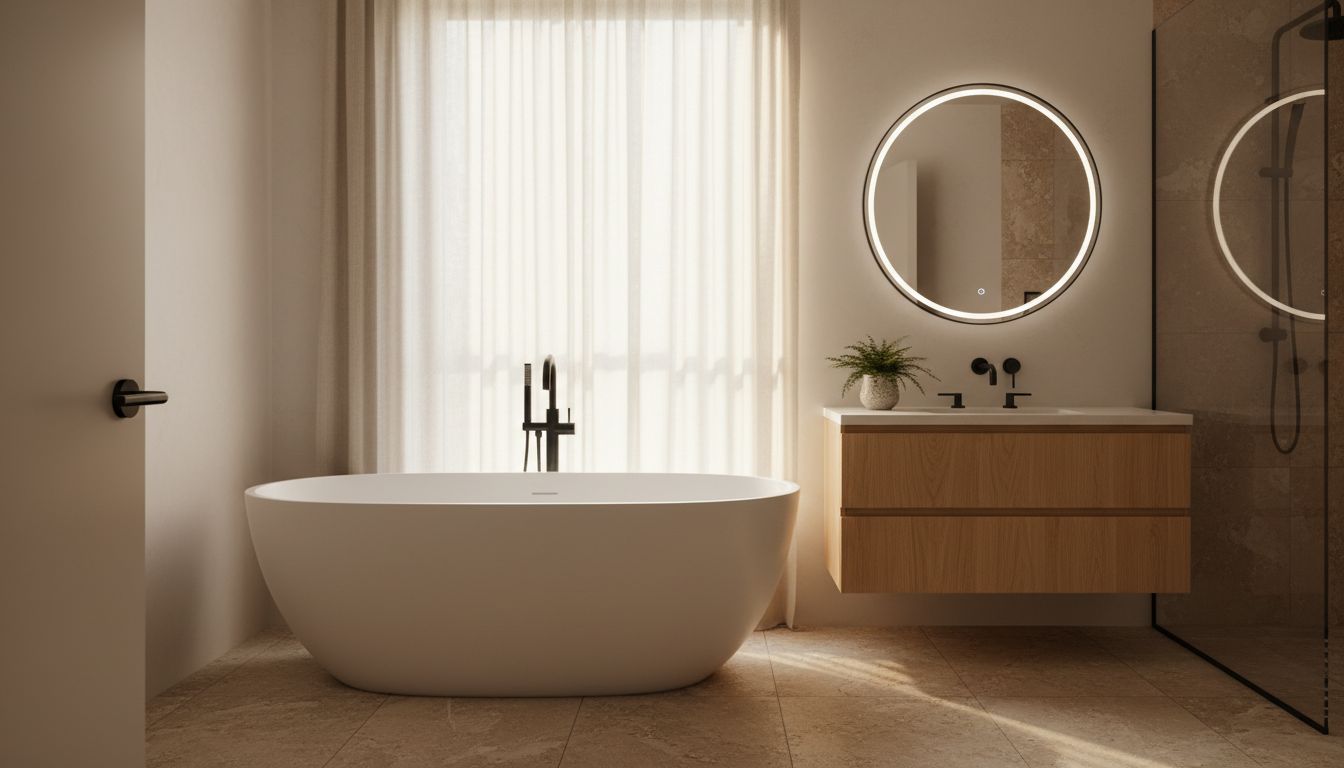 Japandi-Badezimmer mit freistehender Badewanne, hellem Eichenholz-Waschtisch und Natursteinfliesen in warmem Beige
