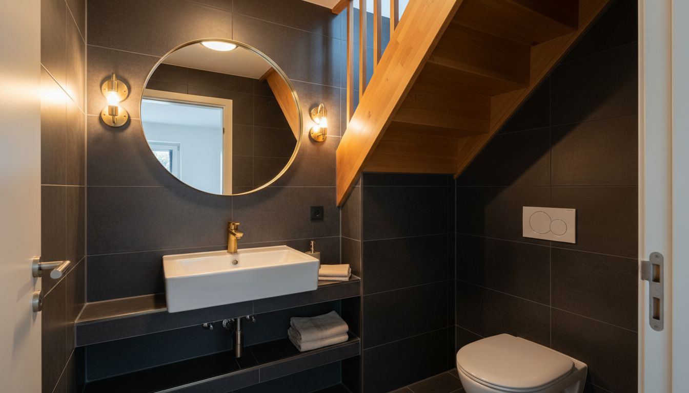 Kleines fensterloses Gäste-WC mit dunklen Fliesen, rundem Spiegel und warmem Wandlicht als KI-Entwurf
