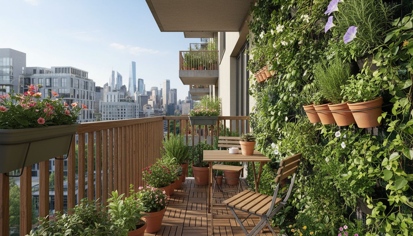 Schmaler Stadtbalkon als grüne Oase mit vertikalem Garten, Kräutern, klappbarem Bistrotisch und Terracotta-Töpfen bei Tageslicht