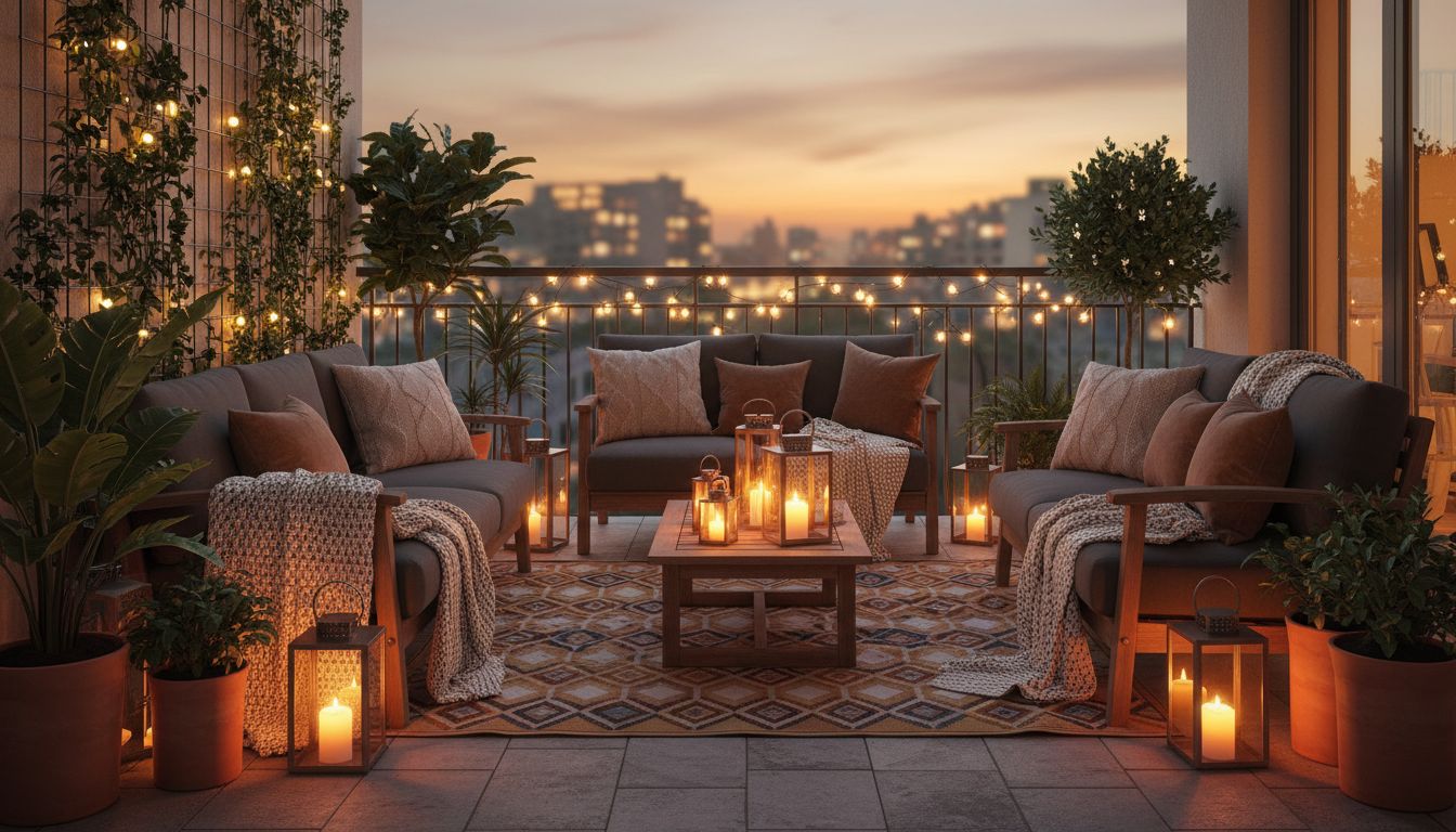 Balkon am Abend mit warmer Beleuchtung, Lichterkette, Laternen, Lounge-Sitzgelegenheit und Outdoor-Teppich in gemütlicher Atmosphäre