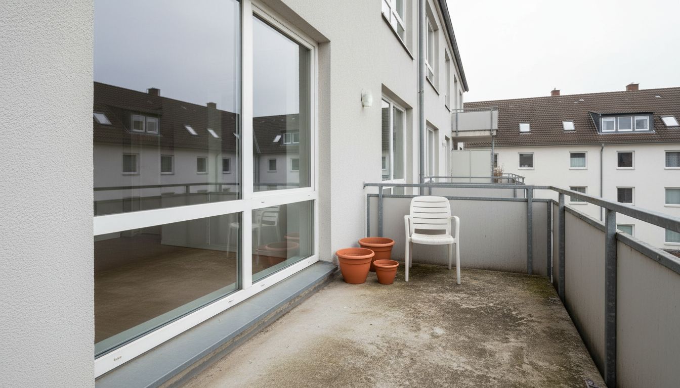 Kahler Mietbalkon mit Betonboden, Metallgeländer, einem weißen Plastikstuhl und leeren Terrakotta-Töpfen vor der Gestaltung
