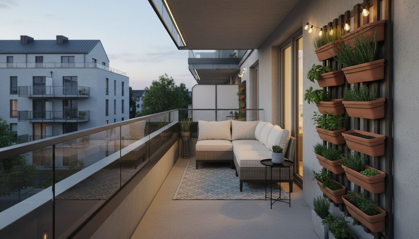 Schmaler Neubau-Balkon mit vertikaler Kräuterwand, Lounge-Ecke mit wetterfesten Kissen, Outdoor-Teppich und Lichterkette am Abend