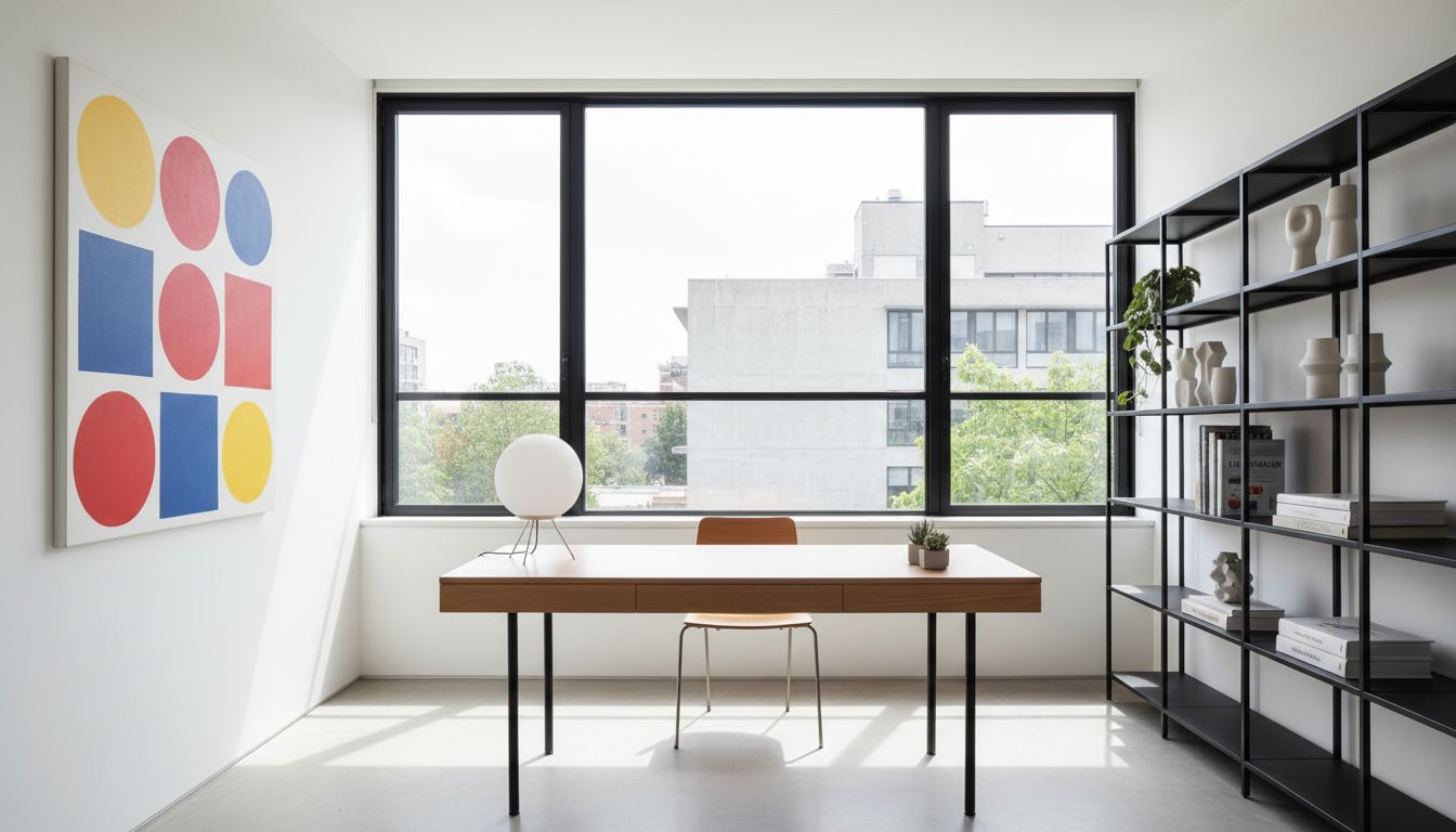 Aufgeräumtes Arbeitszimmer im Bauhaus Stil mit schlichtem Schreibtisch, geometrischem Wandbild und Regalsystem in Schwarz